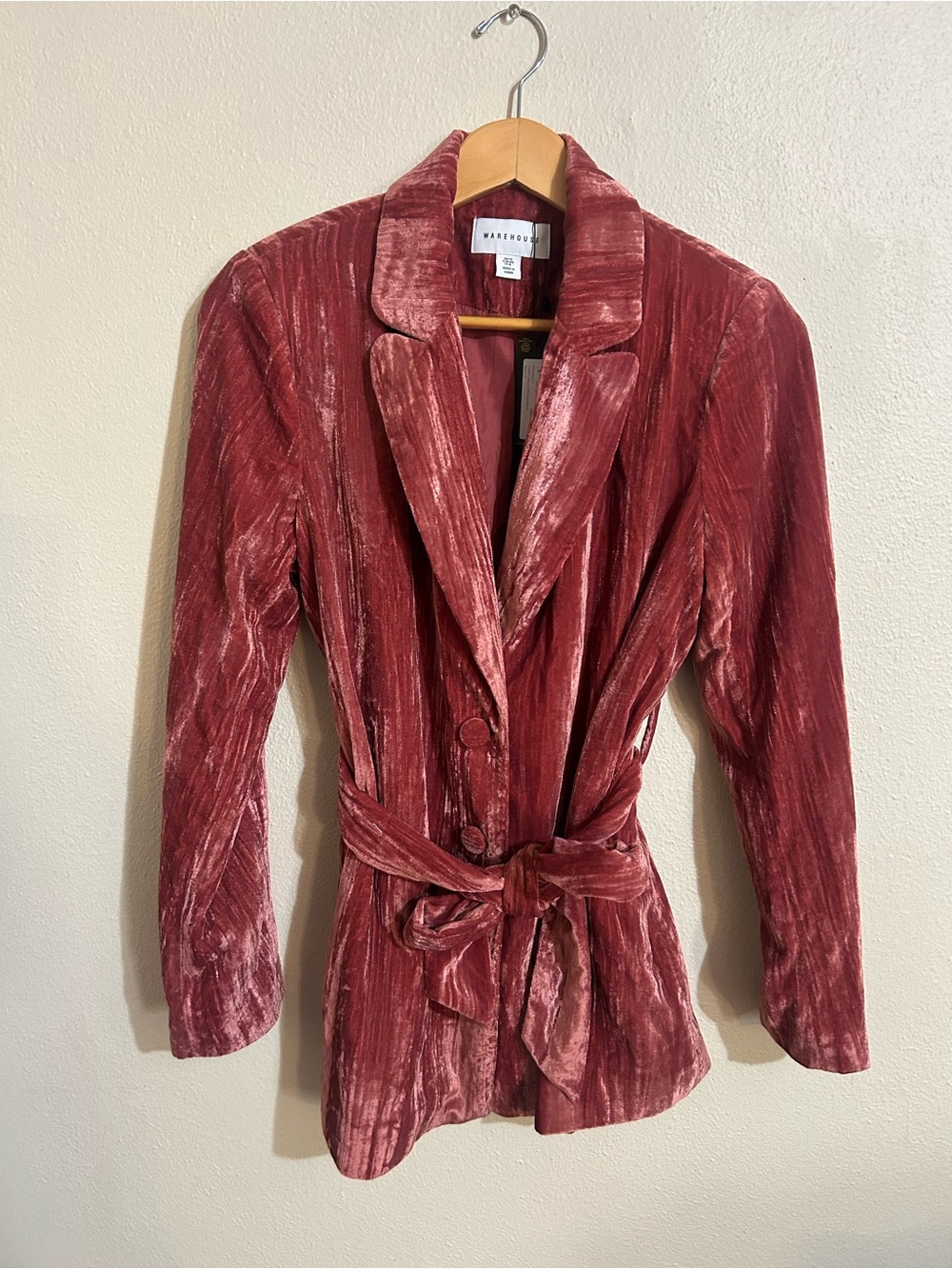 Warehouse Women’s Crushed Velvet Belted Blazer Rose Pink Size 8 Coquette